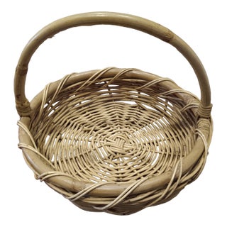 Late 20th Century Large French Woven Wicker Basket With Bamboo Handle. For Sale