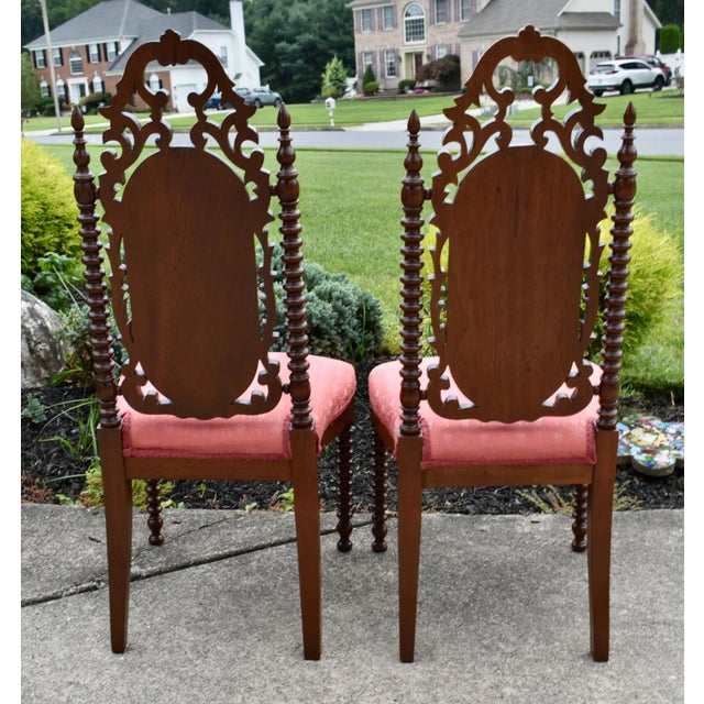 Wood Antique Walnut Boudoir Chairs Victorian Side Spindle Carved Pair 1880s Coral For Sale - Image 7 of 12