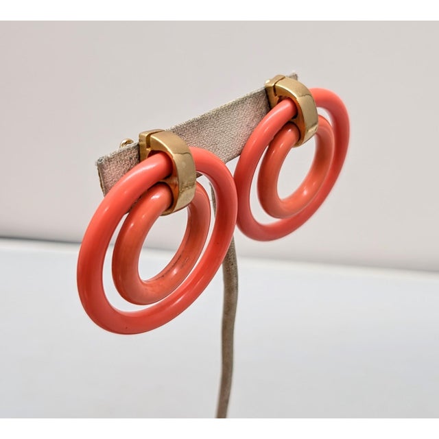 Napier Vintage 1950s Signed Napier Goldtone 2 Pink Hoop Clip Earrings-2 Pieces For Sale - Image 4 of 7