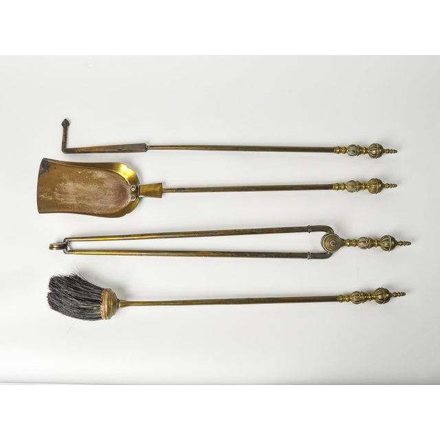 Neoclassical Vintage Brass Fireplace Tool Set 4 Tools and Stand For Sale - Image 3 of 14