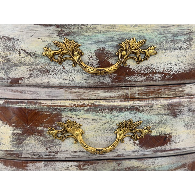 1990s Authentic Made in Italy Bombe Commode - Distressed Painted 3 Drawer Nightstand, Vintage Italian Florentine Accent Chest, Gilt Table 28" For Sale - Image 14 of 18
