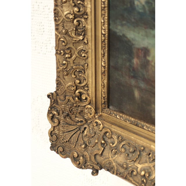 Green Large Antique Landscape Oil Painting in an Ornate Gold Frame From the 19th Century For Sale - Image 8 of 16