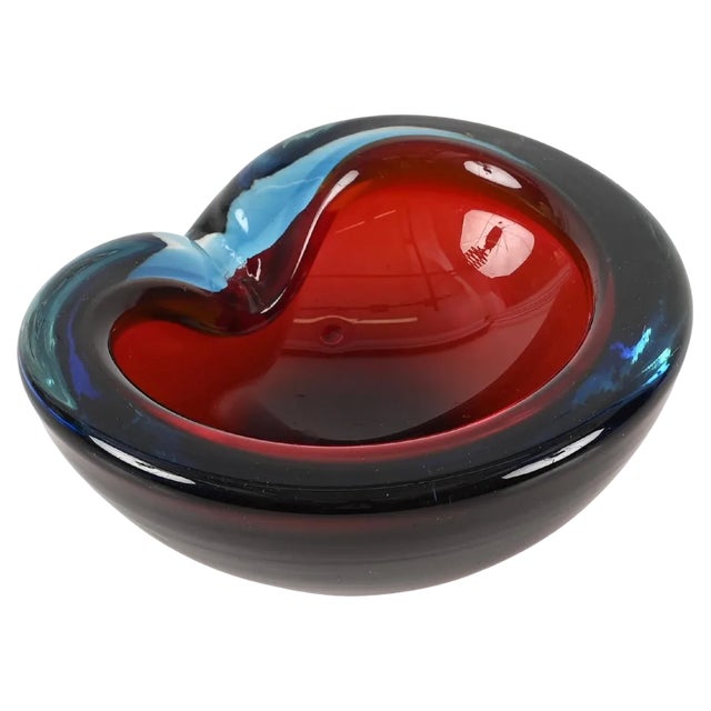 Blue and Red Sommerso Murano Glass Heart-Shaped Bowl by Flavio Poli, Italy, 1960s For Sale