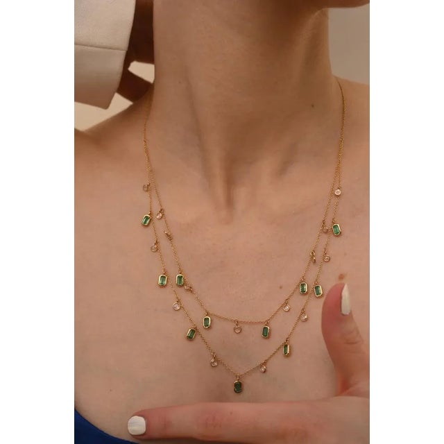 18k Solid Gold Emerald & Diamond Double Layered Charm Necklace for Women For Sale In New York - Image 6 of 16