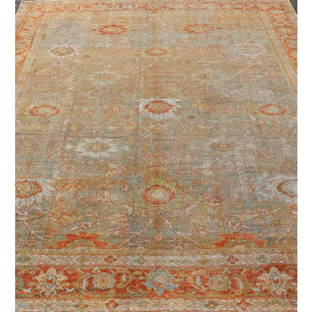 Tribal Antique Persian Sultanabad Rug in Light Green, Lt. Blue, Green, Red 8'8 X 12'2 For Sale - Image 3 of 12