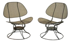Mid 20th Century Homecrest Clam Shell Casino Salterini Style Wrought Iron Swivel Chairs - A Pair