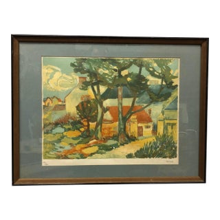 Vintage Signed Limited Edition Village Landscape Lithograph, Framed For Sale