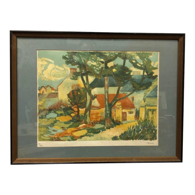 Vintage Signed Limited Edition Village Landscape Lithograph, Framed For Sale