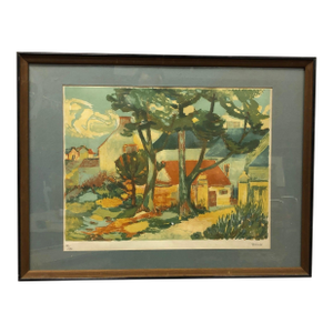 Vintage Signed Limited Edition Village Landscape Lithograph, Framed