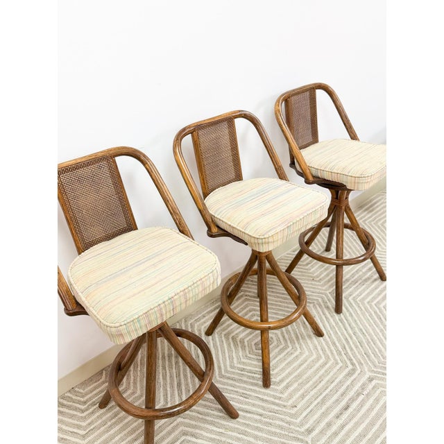 Mid 20th Century 3 Vintage Coastal Bamboo Barstools Dark Rattan W/ Beige Cushions and Caned Back For Sale - Image 5 of 10