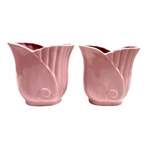 Pair of Pink Art Deco Style Ceramic Vases – Fluted Nautilus Hollywood Regency Planters