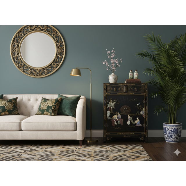 1960s Vintage Chinoiseries Black & Stone Inlay Graphic End Table Nightstand For Sale - Image 5 of 15