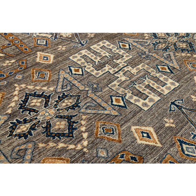 Modern Tulu Tribal Wool Rug – Geometric Charcoal, Tan & Slate Blue 9x12 For Sale - Image 9 of 11