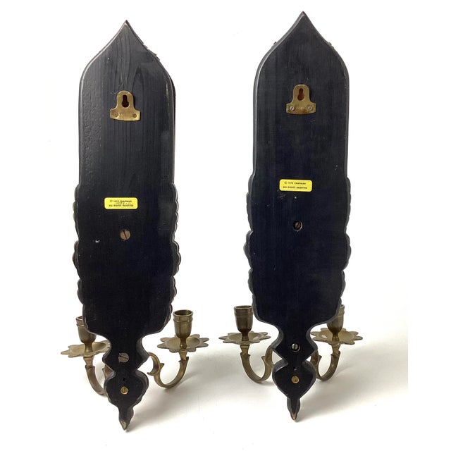 Hollywood Regency Pair of 1970s Chapman Mirror & Two Candle Light Brass Wall Sconces Acorn and Leaf For Sale - Image 3 of 8