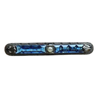 Blue Square Cut Art Deco Stone Bar Pin, Seed Pearl, Silver For Sale