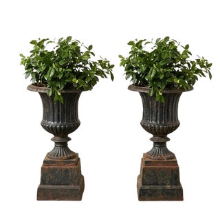 Vintage Pair Heavy Cast Iron Urns on Pedestals. Believed to Be Early 20th Century. For Sale