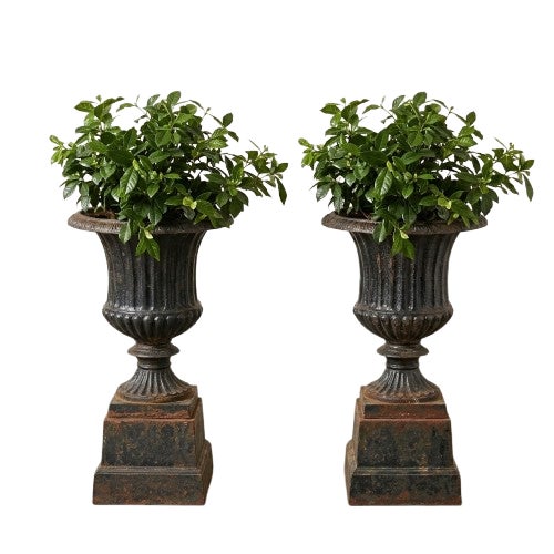 Vintage Pair Heavy Cast Iron Urns on Pedestals. Believed to Be Early 20th Century. For Sale