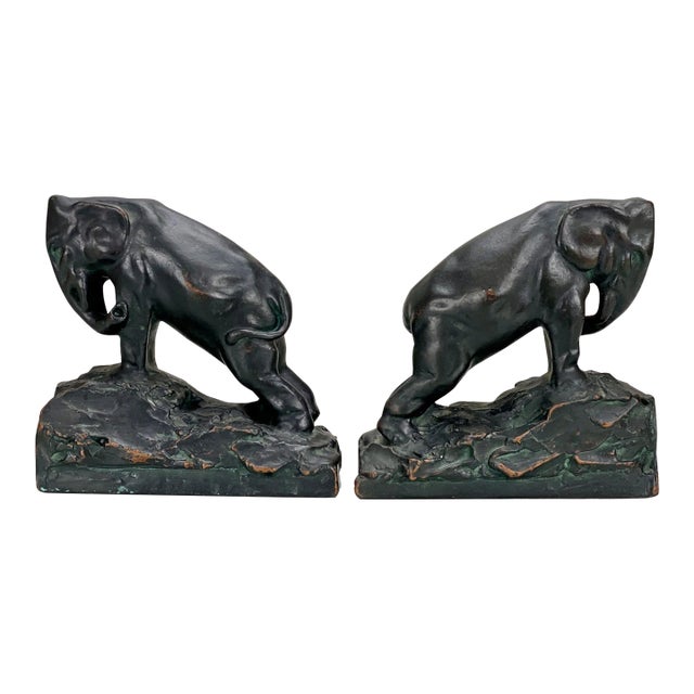 Vintage Art Deco Chalkware Elephant Library Bookends - a Pair For Sale