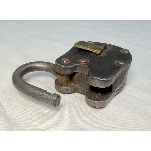 Industrial Antique Working Handmade Miniature Riveted Steel Brass Skeleton Key Pad Lock For Sale - Image 3 of 10