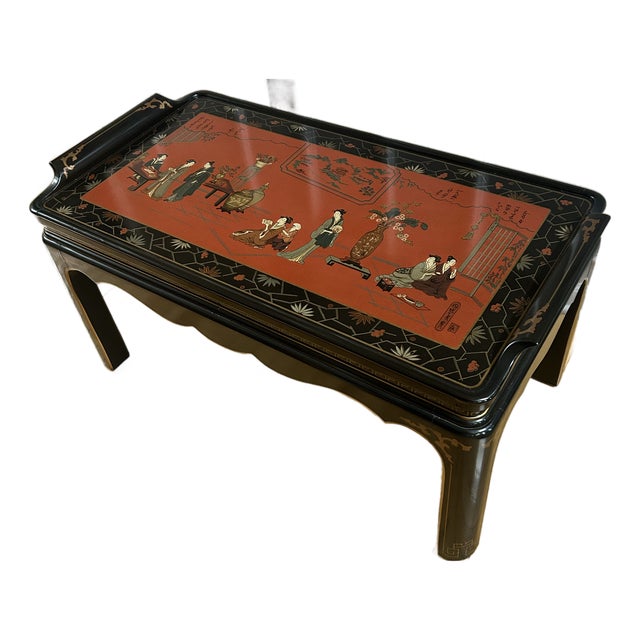 Vintage Drexel Heritage Et Cetera” Hand-Painted Chinoiserie & Black Lacquer Coffee Table For Sale
