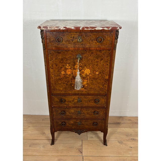 French Louis XVI Style Burl Wood Secretary Chest with Marble Top, 1930s For Sale - Image 10 of 15