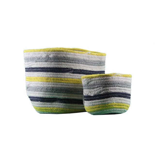 Modern Pasargad Yellow and Blue Striped Nested Baskets-Set Of 3 For Sale - Image 3 of 6