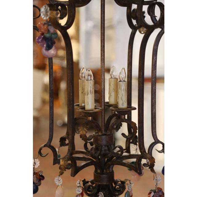 Metal Mid-Century French Louis XV Style Iron and Crystal Four-Light Lantern For Sale - Image 7 of 9