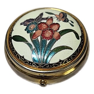 Vintage Cloisonné Trinket Box With Florals and Butterfly For Sale