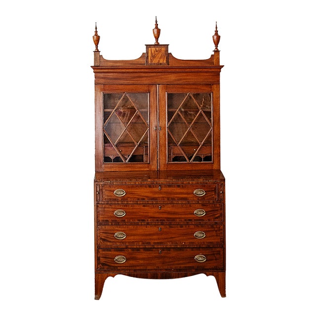 American Federal Mahogany Secretary Desk & Bookcase With Astragal Glazing and Fitted Writing Interior For Sale
