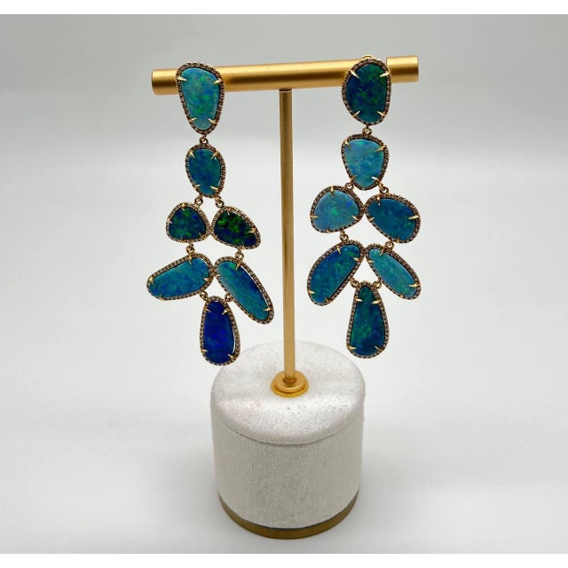 Contemporary Blue Opals Diamond Halo 18 Karat Yellow Gold Drop Statement Unique Earrings, A Pair For Sale - Image 3 of 11