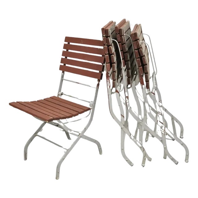 Late 20th Century French Country Style Wood Slat Iron Frame Folding Garden Chairs - Set of 4 For Sale