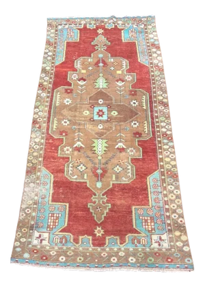 Handmade Traditional Turkish Oushak Aztec Red and Brown Wool Area Rug - 4′2″ × 9′1″