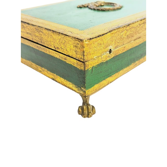 Green Vintage Italian Gilt and Green Painted Box With Metal Lion Paw Feet and Metal Laurel Wreath For Sale - Image 8 of 17
