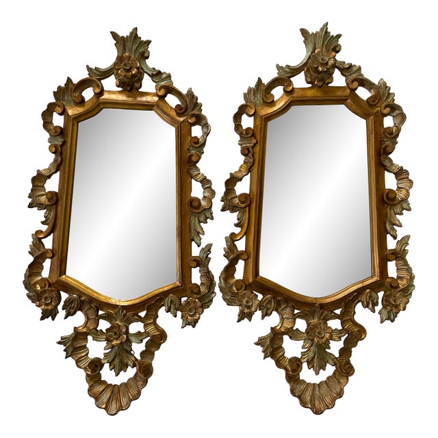 Pair of Vintage Italian Carved Gilt Wood Mirrors For Sale