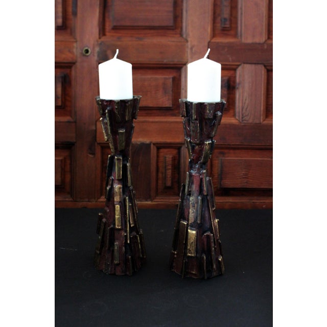 Mid Century Modern Cast Bronze Brutalist Candle Holders A Pair