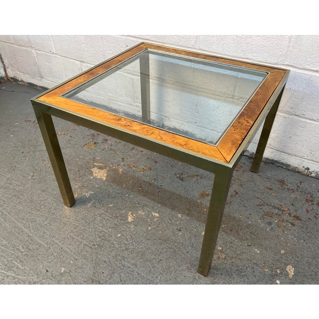 Mid-Century Modern Mid 20th Century Brass & Burl Accented Glass Side Table For Sale - Image 3 of 13