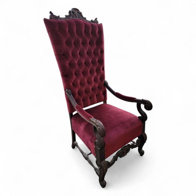 Victorian Antique Victorian Carved Ornate Oversized Tufted Back Throne Chair Newly Reupholstered For Sale - Image 3 of 8