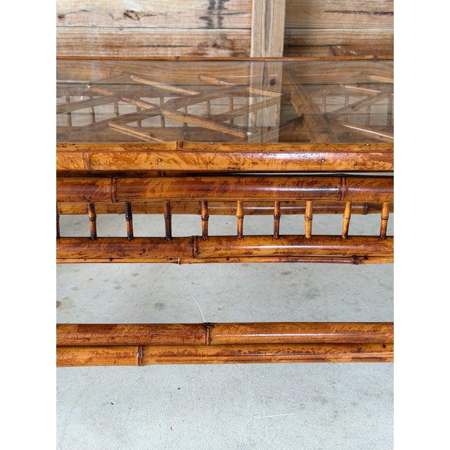 1970s Vintage Brighton Pavilion Scorched Bamboo Coffee Table With Glass Top For Sale - Image 5 of 12