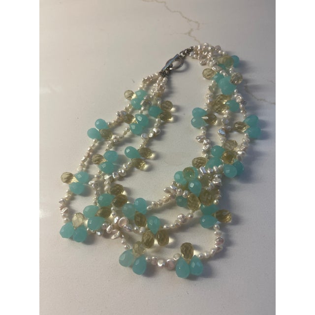 triple necklace done in pale aqua ,pearl, citron stones 17" Long Delicate, lovely