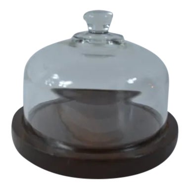 1980s Glass Dome and Wooden Cheese Platter For Sale