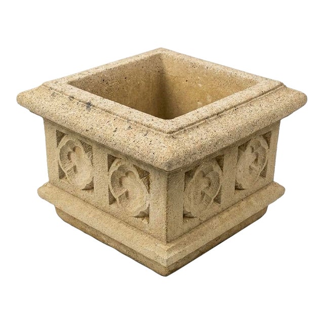 English Gothic Style Cast Stone Square Planter With Rosette Panels For Sale