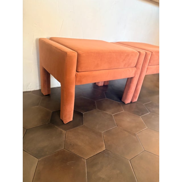 Pair of Burnt Umber Velvet Milo Baughman Style Parsons Ottomans, by West Elm For Sale - Image 12 of 12