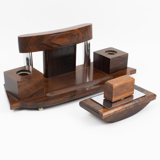 1930s Art Deco Desk Accessory, Macassar Wood and Metal Inkwell and Blotter For Sale - Image 5 of 15