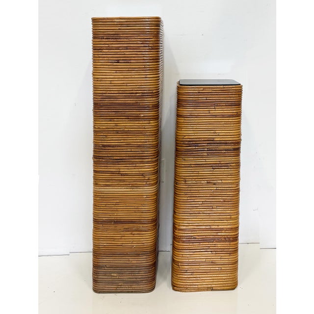 Tall Vintage Pencil Reed Rattan Pedestal With Black Glass For Sale In Miami - Image 6 of 6