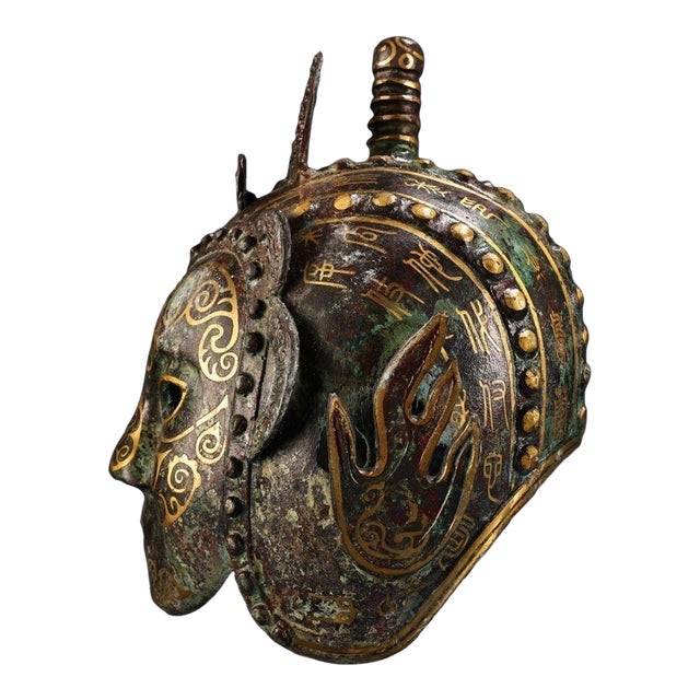 Ancient Chinese Bronze Helmet With Gold Inlay Mask – Intricate Gilded Face Armor Sculpture For Sale