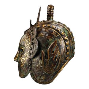 Ancient Chinese Bronze Helmet With Gold Inlay Mask – Intricate Gilded Face Armor Sculpture
