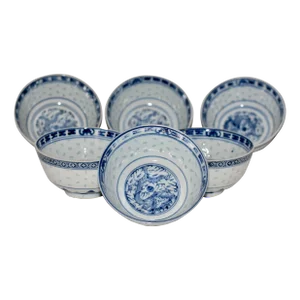 Early 1900s Chinese Translucent Rice Grain Dragon Pattern Jingdezhen Wan Yu Mark Bowls- Set of 6