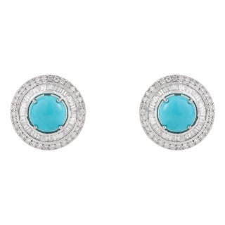 14k Gold 3.14ct Turquoise Cabochon & Diamond Double Halo Stud Earrings- A Pair For Sale