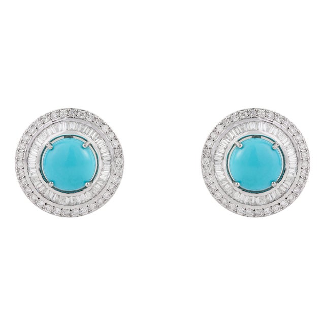 14k Gold 3.14ct Turquoise Cabochon & Diamond Double Halo Stud Earrings- A Pair For Sale
