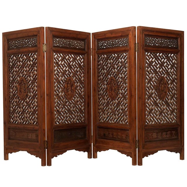 Wood Geometric Carved Screen with Four Panels For Sale - Image 7 of 7